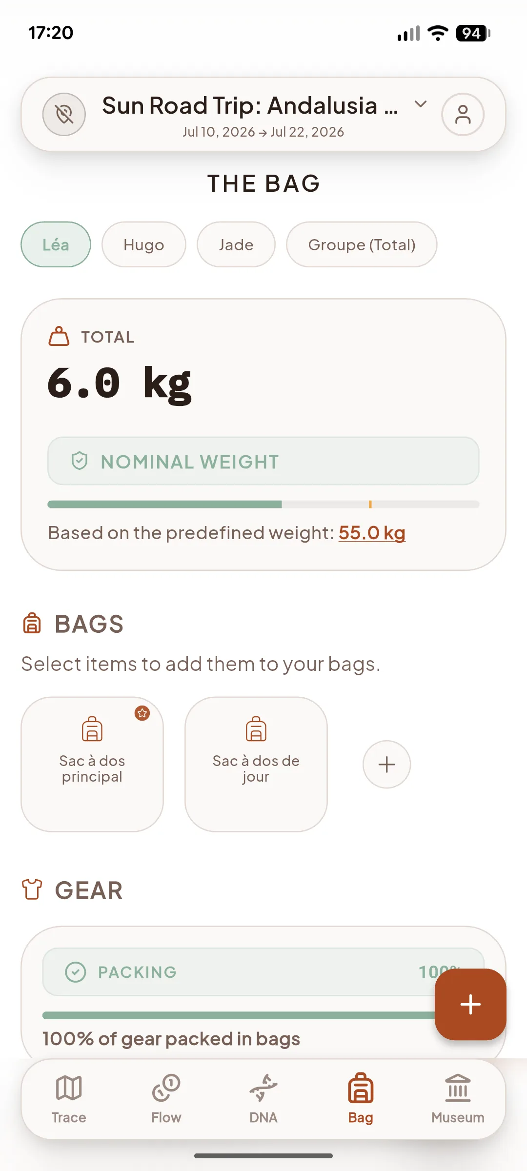 Huasca app screenshot: backpack