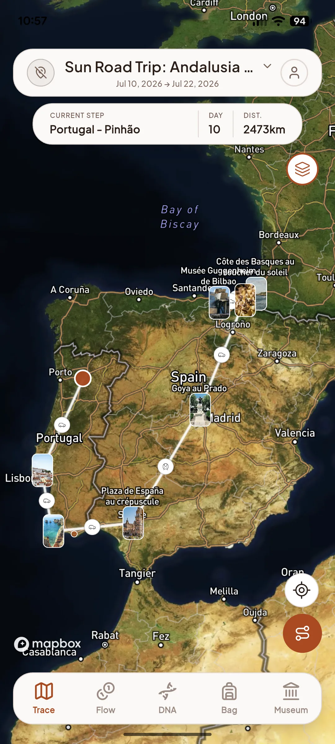 Huasca app screenshot: trip map