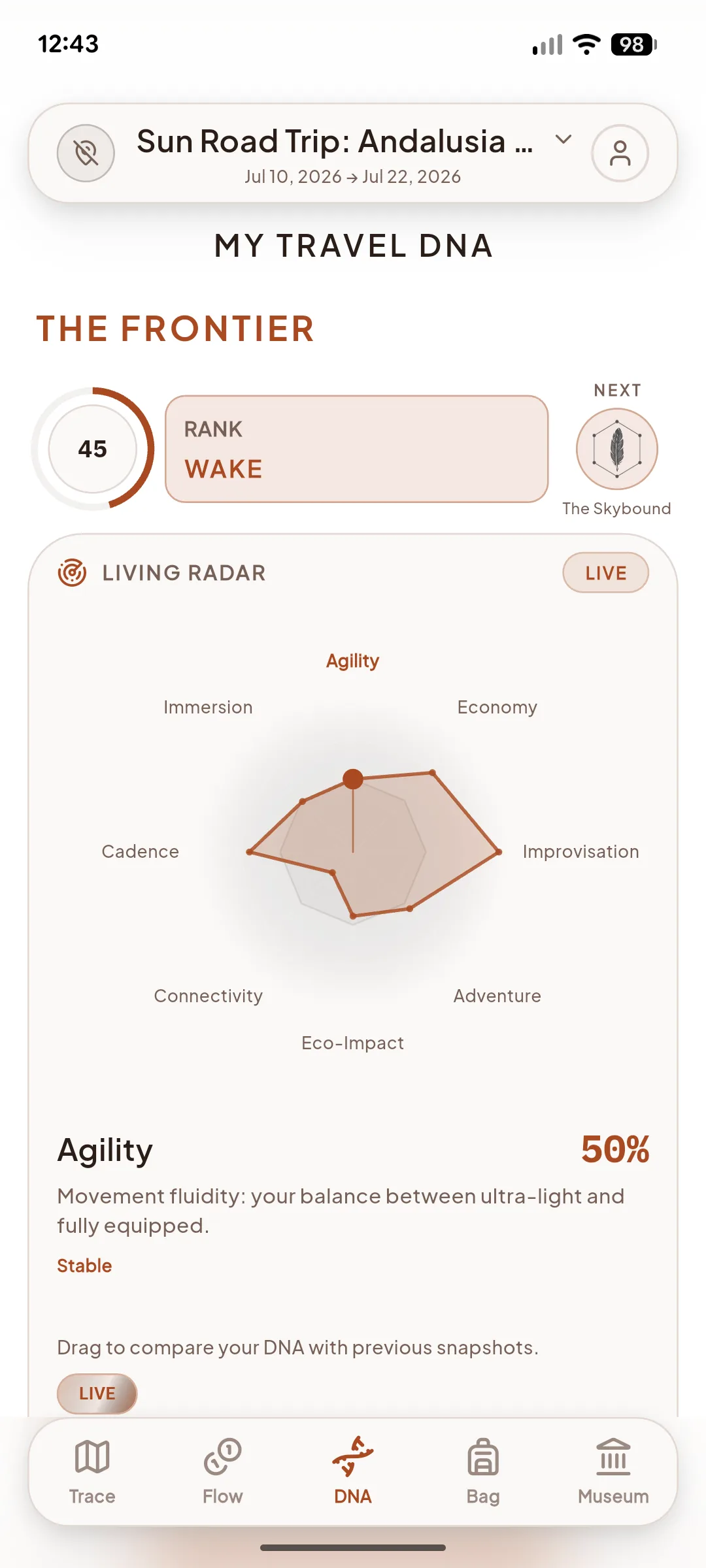 Huasca app screenshot: traveler profile